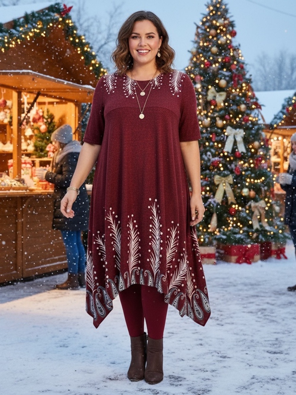 Plus Size Burgundy Handkerchief Hem Sweater Dress Green & White Botanical Print